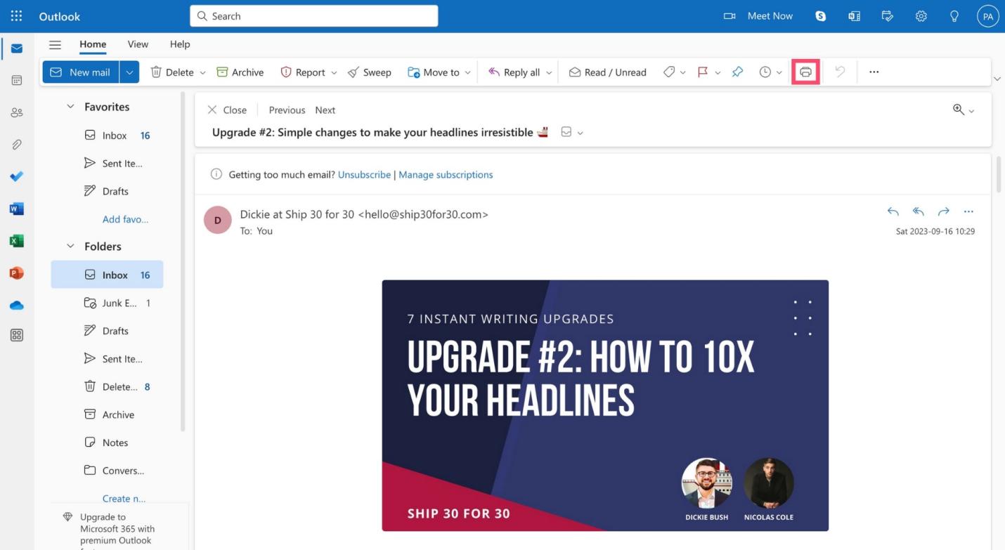 значок принтера в Outlook