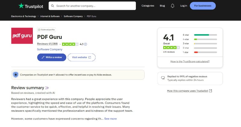 reseñas de pdfguru en trustpilot