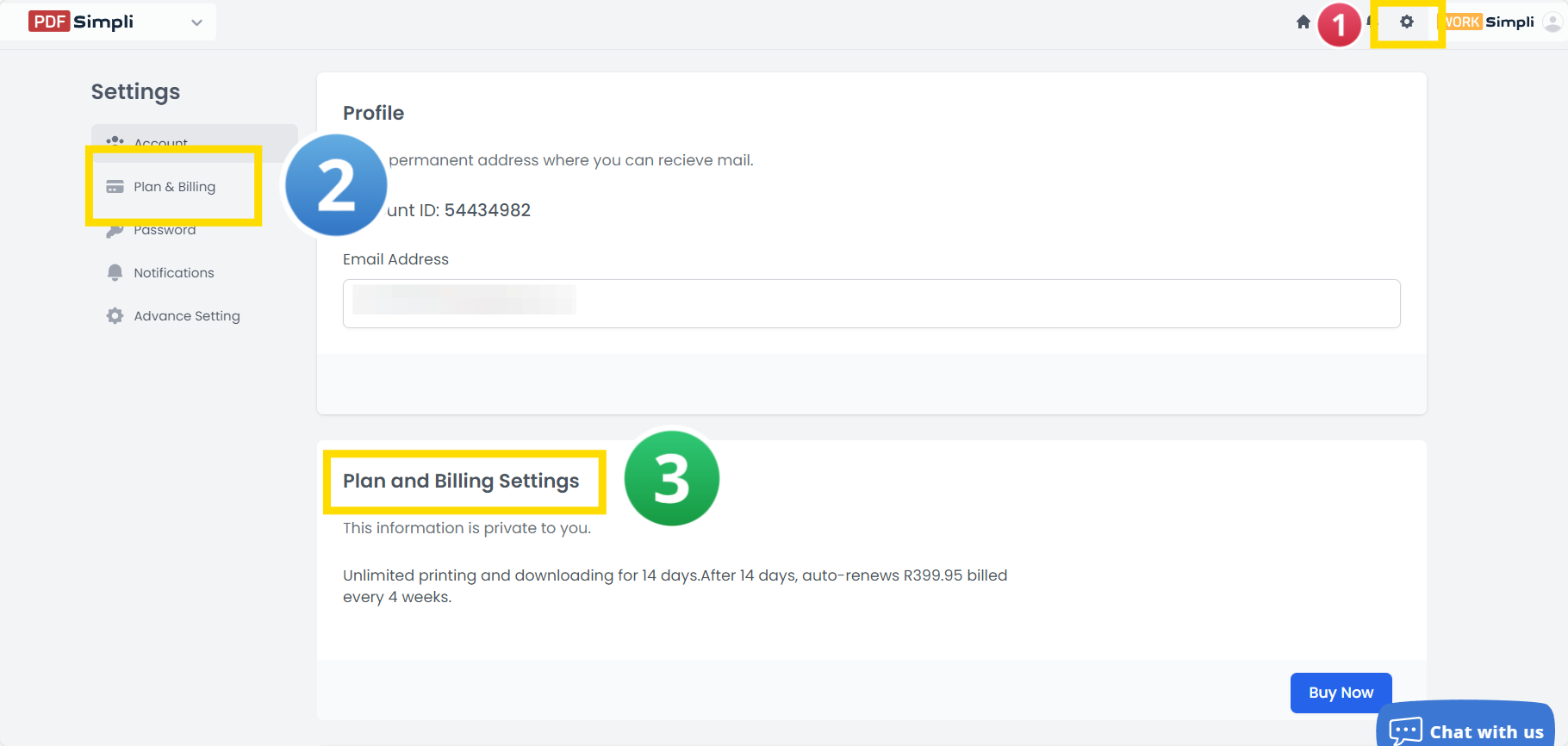 pdfsimpli plan and billing settings
