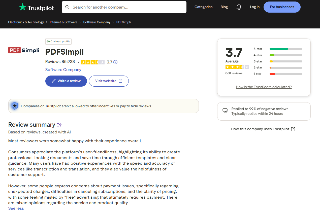 pdfsimpli review trustpilot