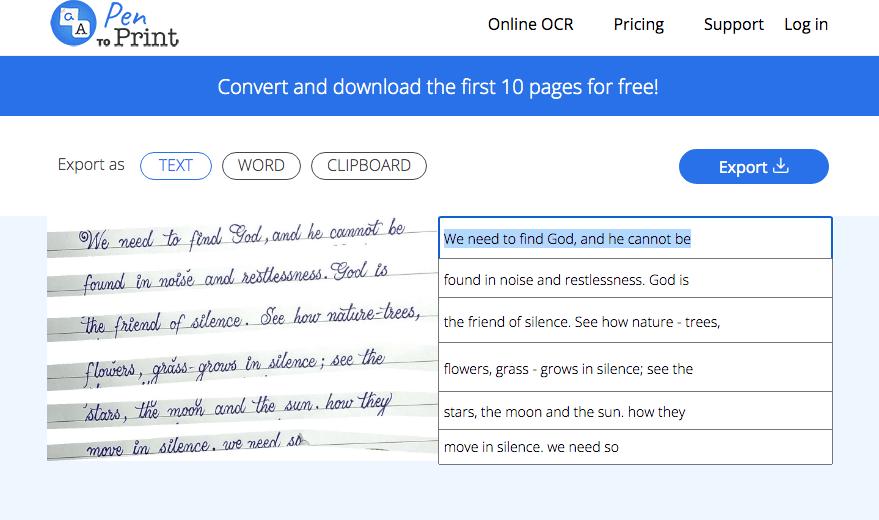 pen to print handwriting recognition results