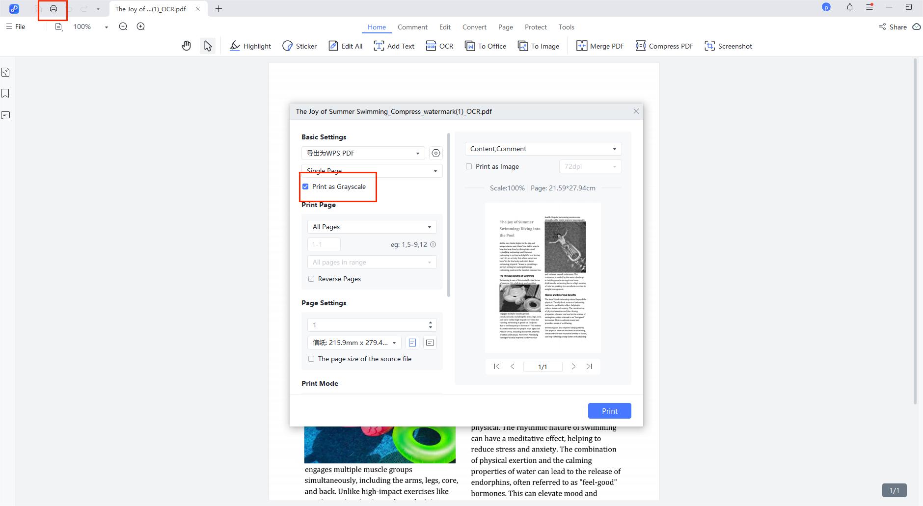 change pdf background color to grayscale for printing