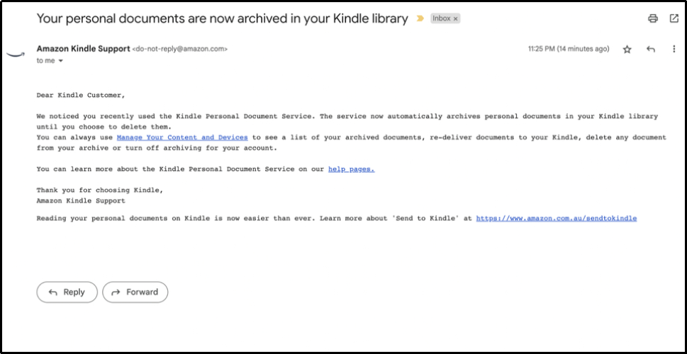 sending to kindle via email