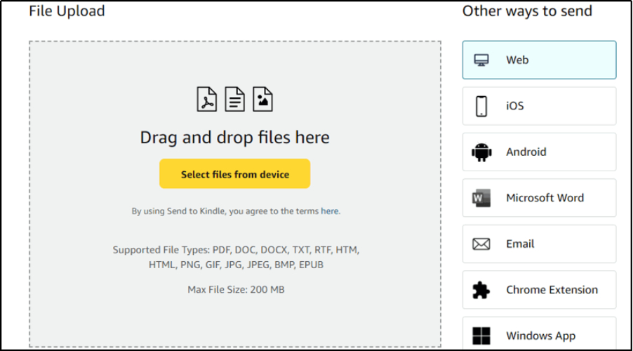 file uploading window in kindle app