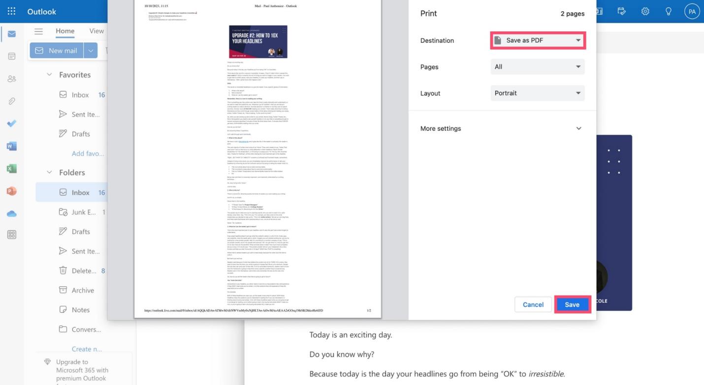 сохранить Outlook как PDF на Windows