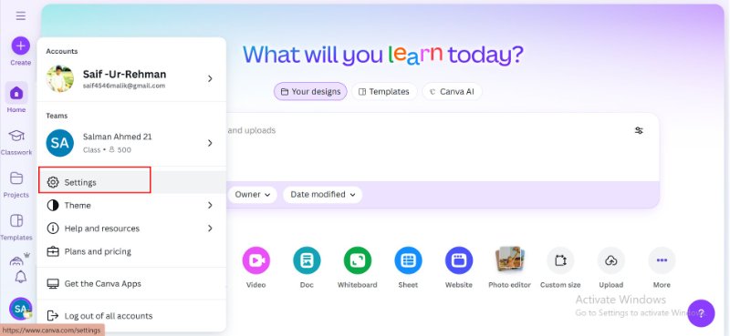 select canva account settings