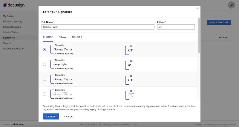 set up signature in docusign for free