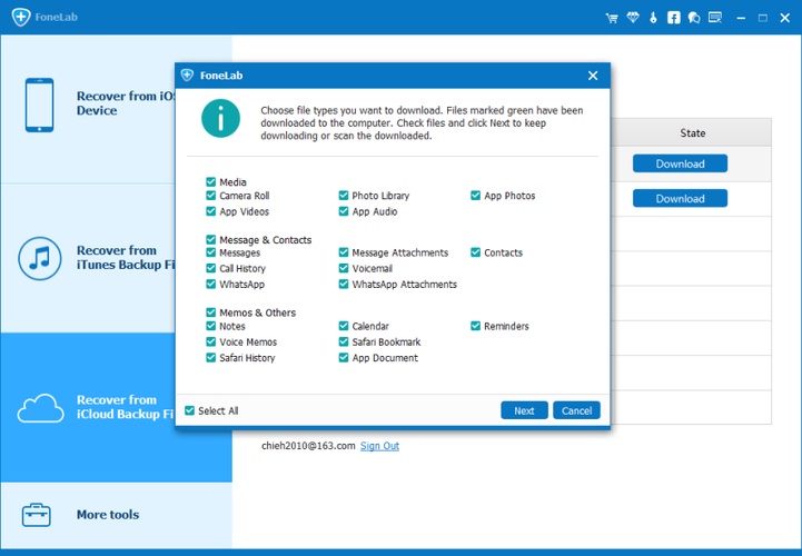 Appgeeker Icloud Backup Data Types Selection