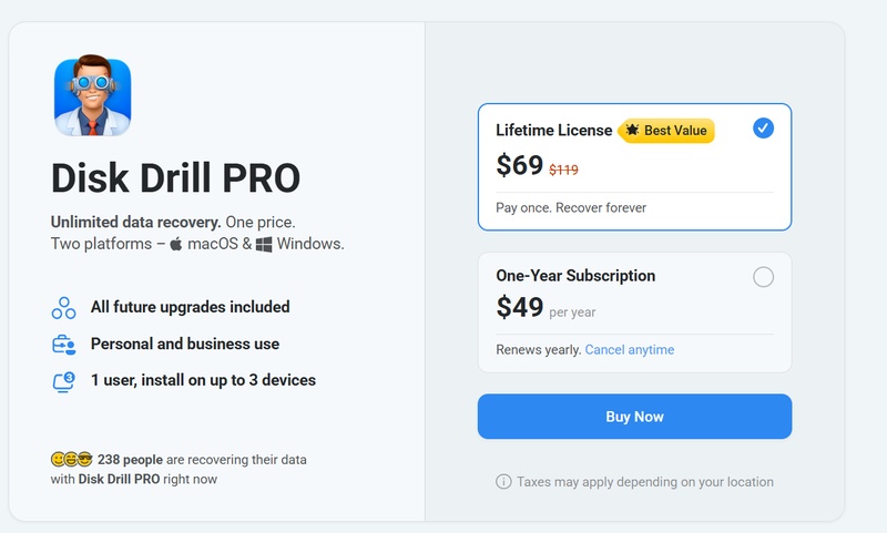 Disk Drill Pro Pricing Plans