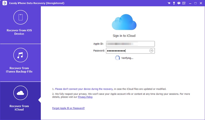 Eassiy Iphone Data Recovery Software Stuck on Icloud Account Verification Screen