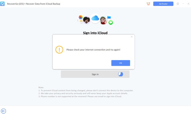 Itoolab Recovergo Icloud Sign in Screen Where Login Attempts Failed During Testing