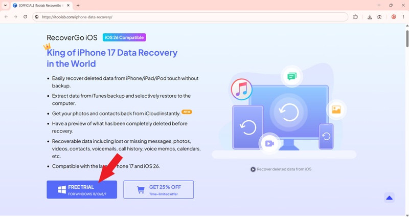 Itoolab Recovergo Ios Official Product Page with the Download Button Highlighted