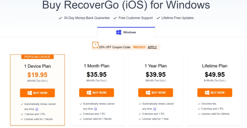Itoolab Recovergo Ios Pricing Plans for Windows