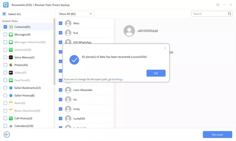 Itoolab Recovergo Itunes Backup Recovery Screen Showing Contacts and Recoverable Data Types
