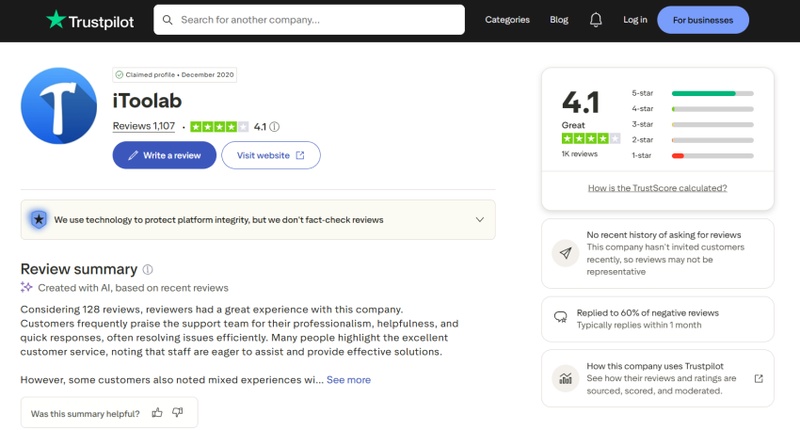 Itoolab Trustpilot Review Page