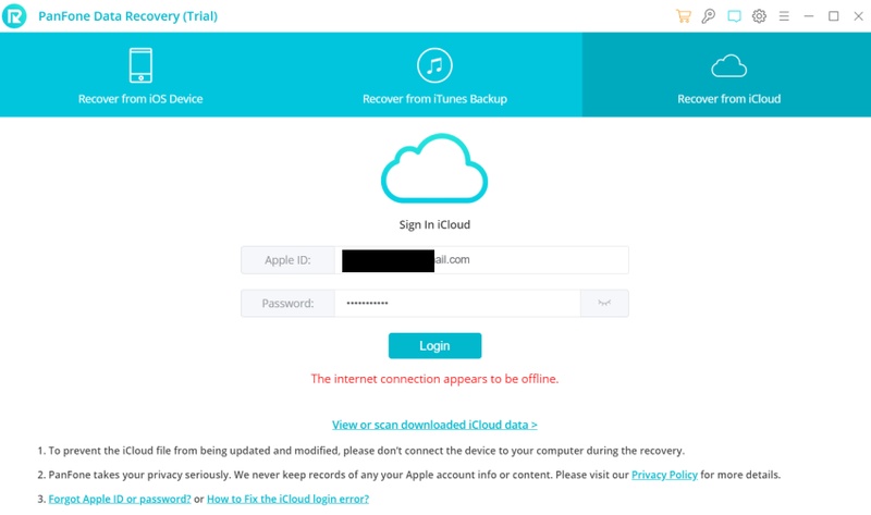 Panfone Ios Data Recovery Displaying an Icloud Recovery Connection Error