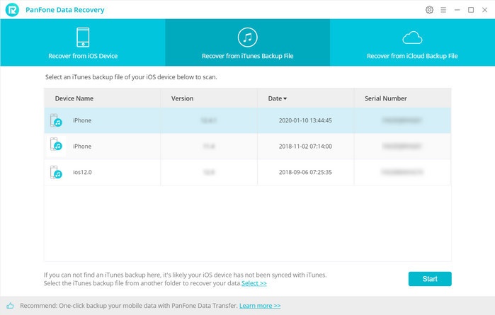 Panfone Ios Data Recovery Displaying Available Itunes Backup Files for Recovery