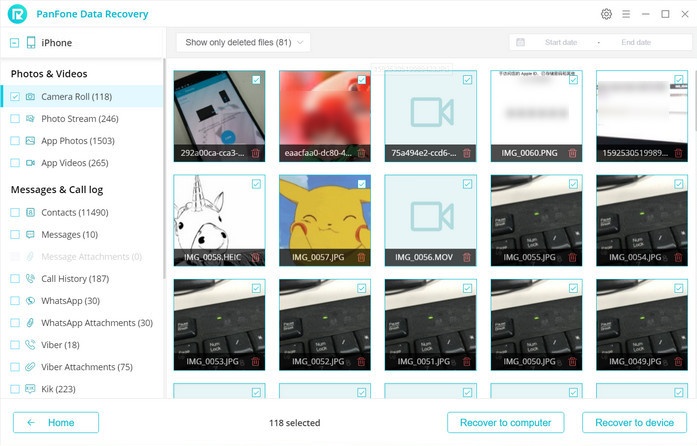 Panfone Ios Data Recovery Displaying Scanned Photos and Other Recoverable Files