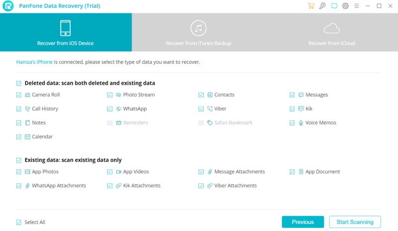 Panfone Ios Data Recovery Displaying Selectable Data Types for Recovery