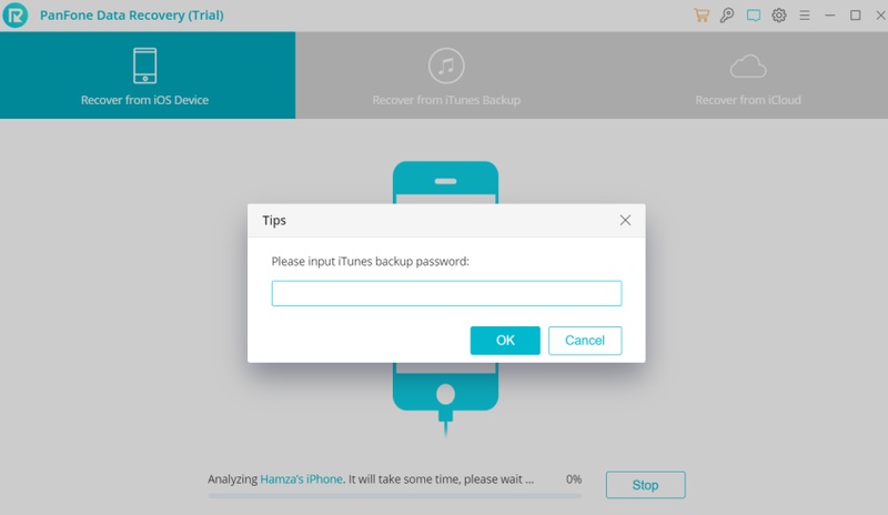 Panfone Ios Data Recovery Prompting the User to Enter an Itunes Backup Password
