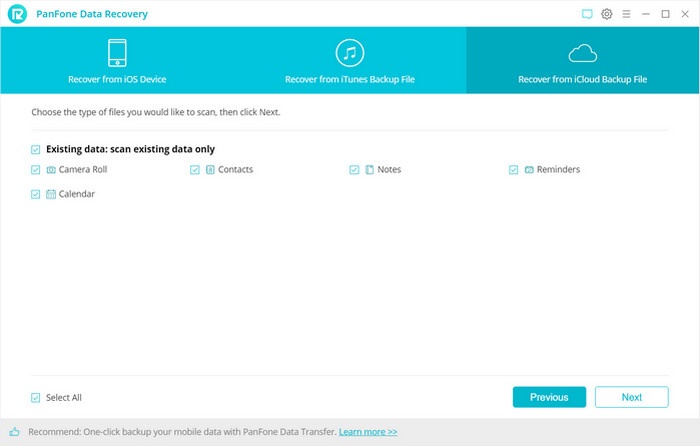 Panfone Ios Data Recovery Showing the Icloud Backup Recovery Interface