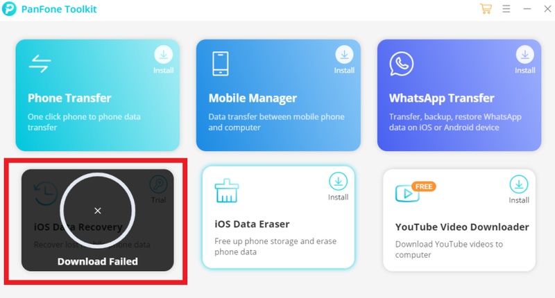 Panfone Software Interface Showing the Ios Data Recovery Module Download Option