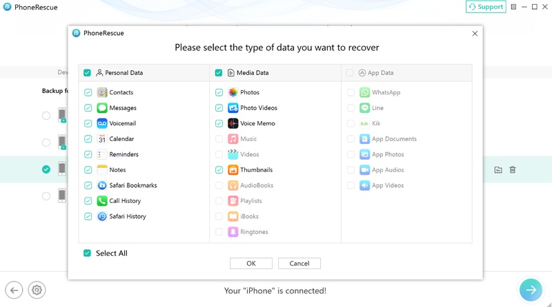 Phonerescue Itunes Backup Detection and Data Type Selection