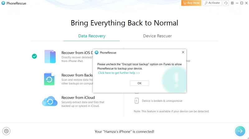 Phonerescue Prompt to Uncheck Encrypt Local Backup
