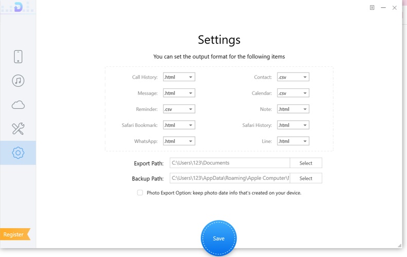 Primosync Data Export and Backup Path Settings