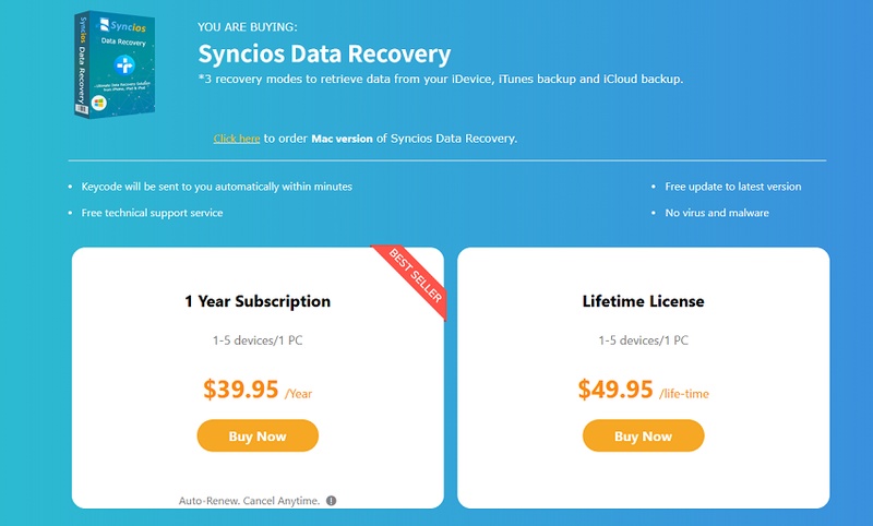 Syncios Data Recovery Pricing Plans