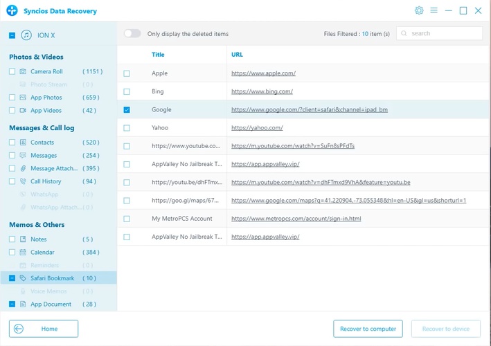 Syncios Data Recovery Showing Scanned Safari Bookmarks