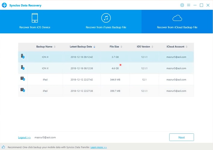 Syncios Select Icloud Backup Type