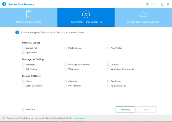 Syncios Select Itunes Backup File Type
