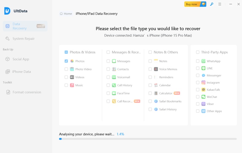 Tenorshare Ultdata Screen for Selecting File Types