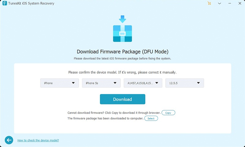 Tuneskit Ios System Recovery Download Firmware Package Interface