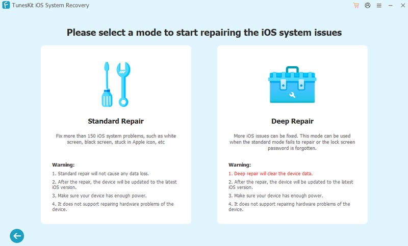 Tuneskit Ios System Recovery Mode Selection Interface