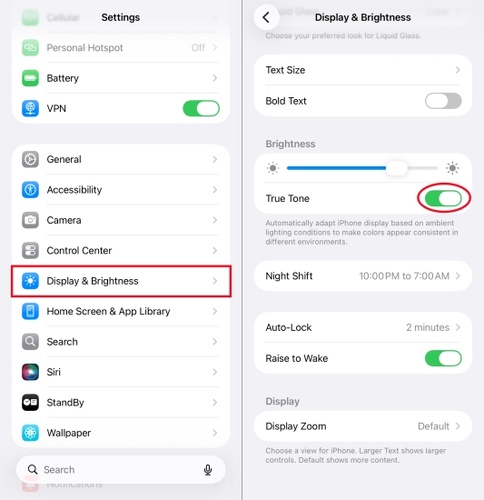 Toggle Off True Tone Setting