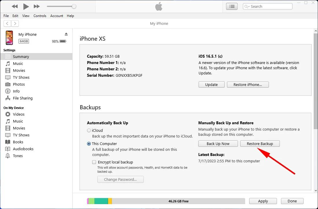 select the restore backup button