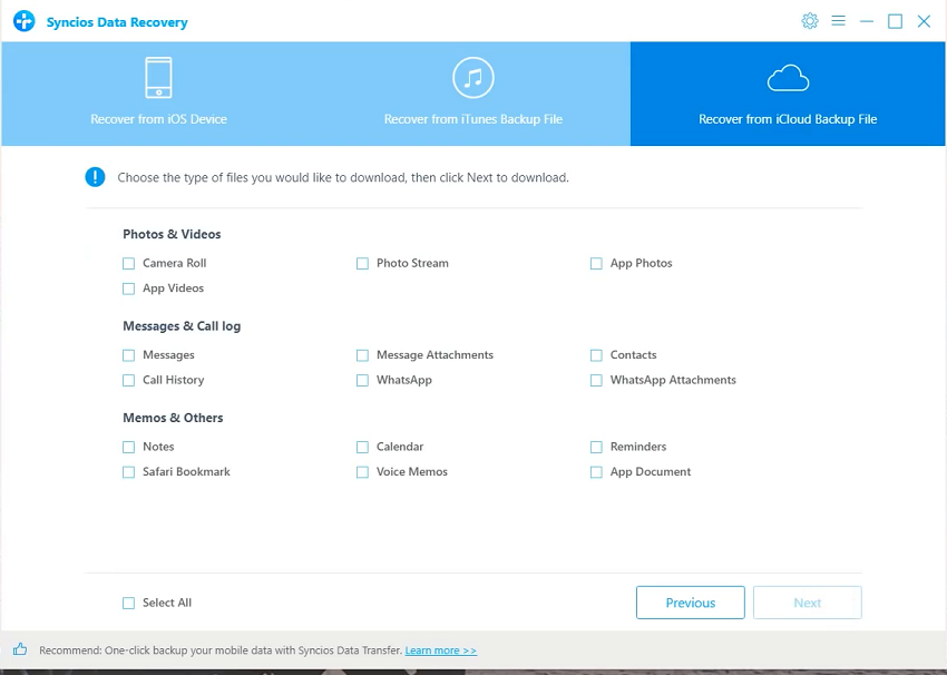 Syncios Recover from Icloud Backup File