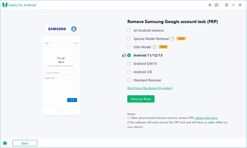 Telefon markasını ve Android sürümünü seçip Başlat'a tıklayın