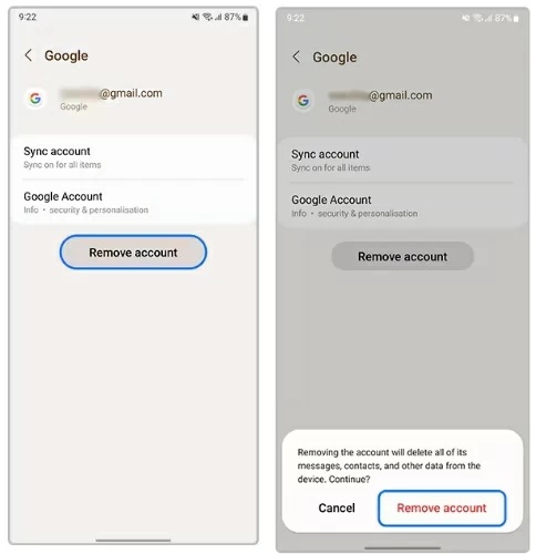 Tap Remove Account and Confirm