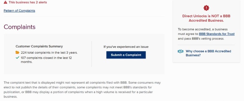 directunlock bbb complaints