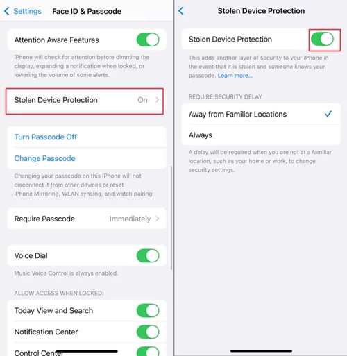 Disable Stolen Device Protection Steps
