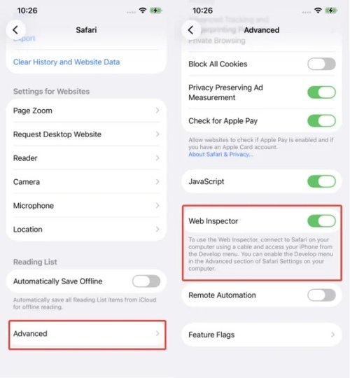 Enable Web Inspector in Safari