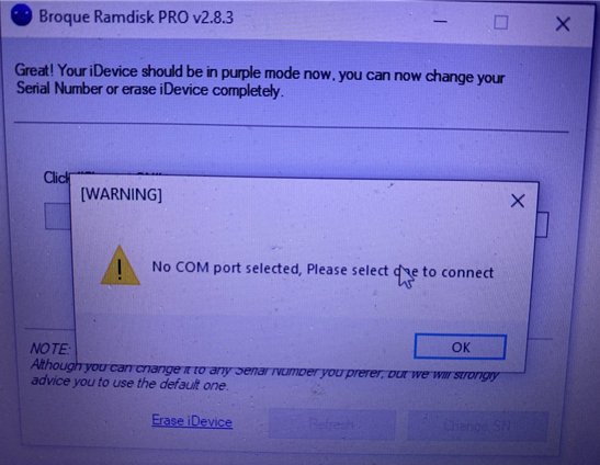 broque ramdisk pro no com port selected