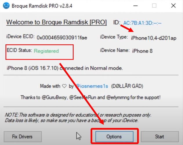 broque ramdisk pro register ecid status