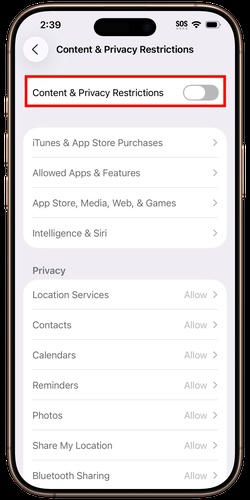 Tap Content and Privacy Restrictions