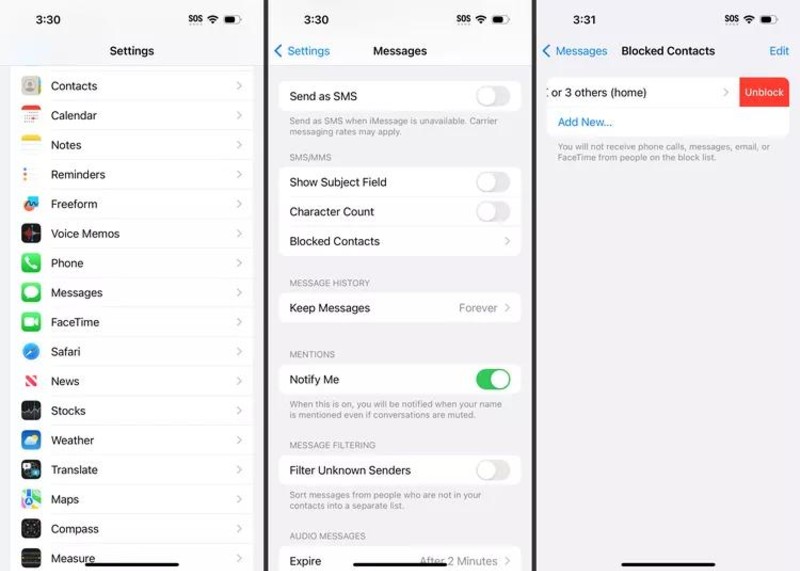 unblock a number in settings