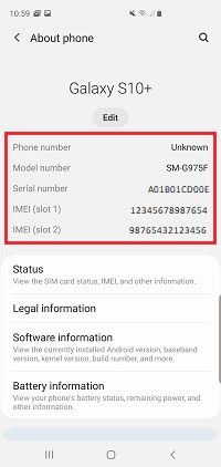 model information in the settings about phone