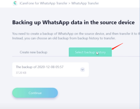backing up whatsapp data in source device